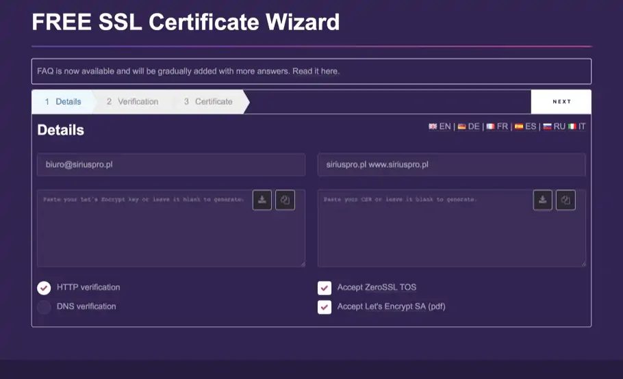 Darmowe certyfikat SSL - ZeroSSL