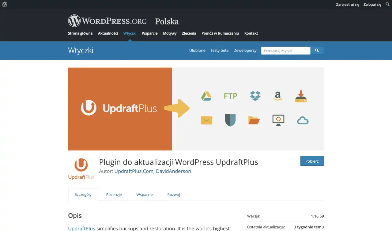 Darmowe wtyczki WordPress - UpdraftPlus