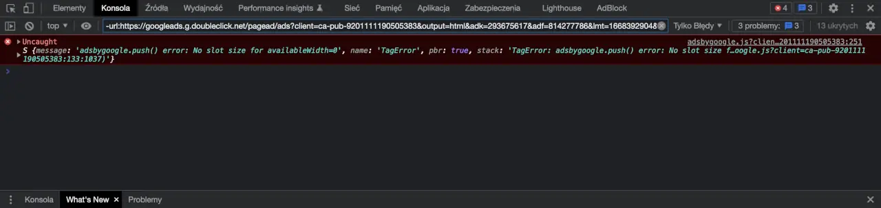 TagError: adsbygoogle.push() error: No slot size for availableWidth=0 - błąd.